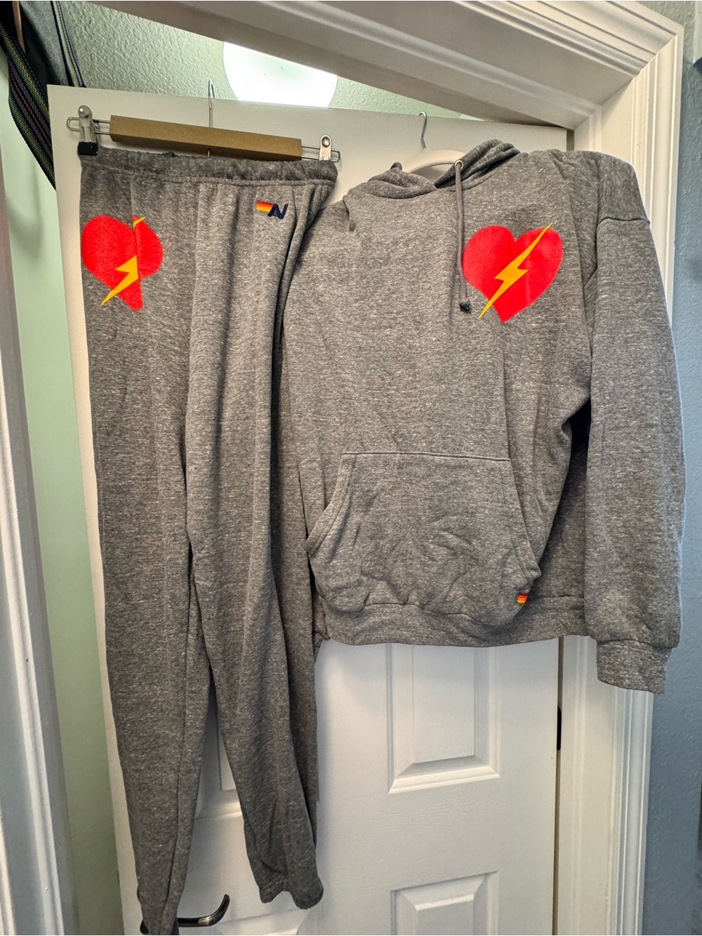 Aviator Nation Gray Sweatshirt & Sweatpants Set with Red Lightning Heart